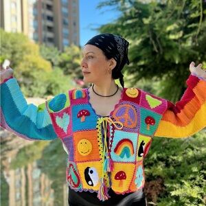 Rainbow Granny Square Colorful Patchwork Sweater